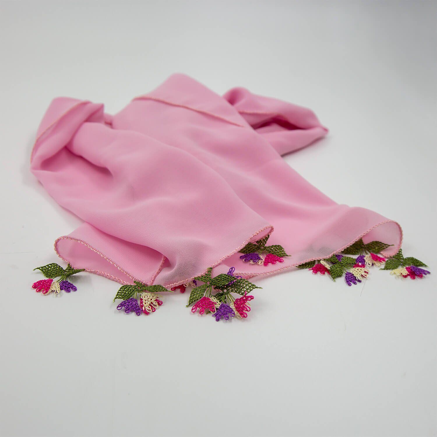 SALKIM ÇİÇEK İĞNE OYALI PEMBE DİKDÖRTGEN FULAR