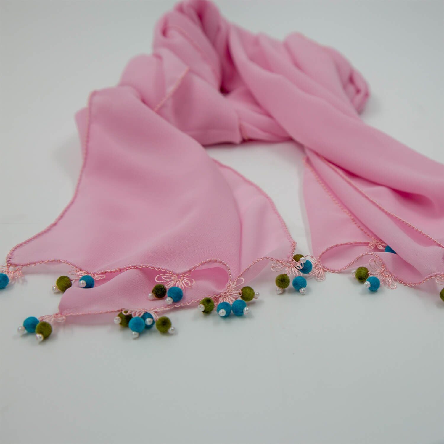 RENKLİ BONCUK İĞNE OYALI PEMBE DİKDÖRTGEN FULAR