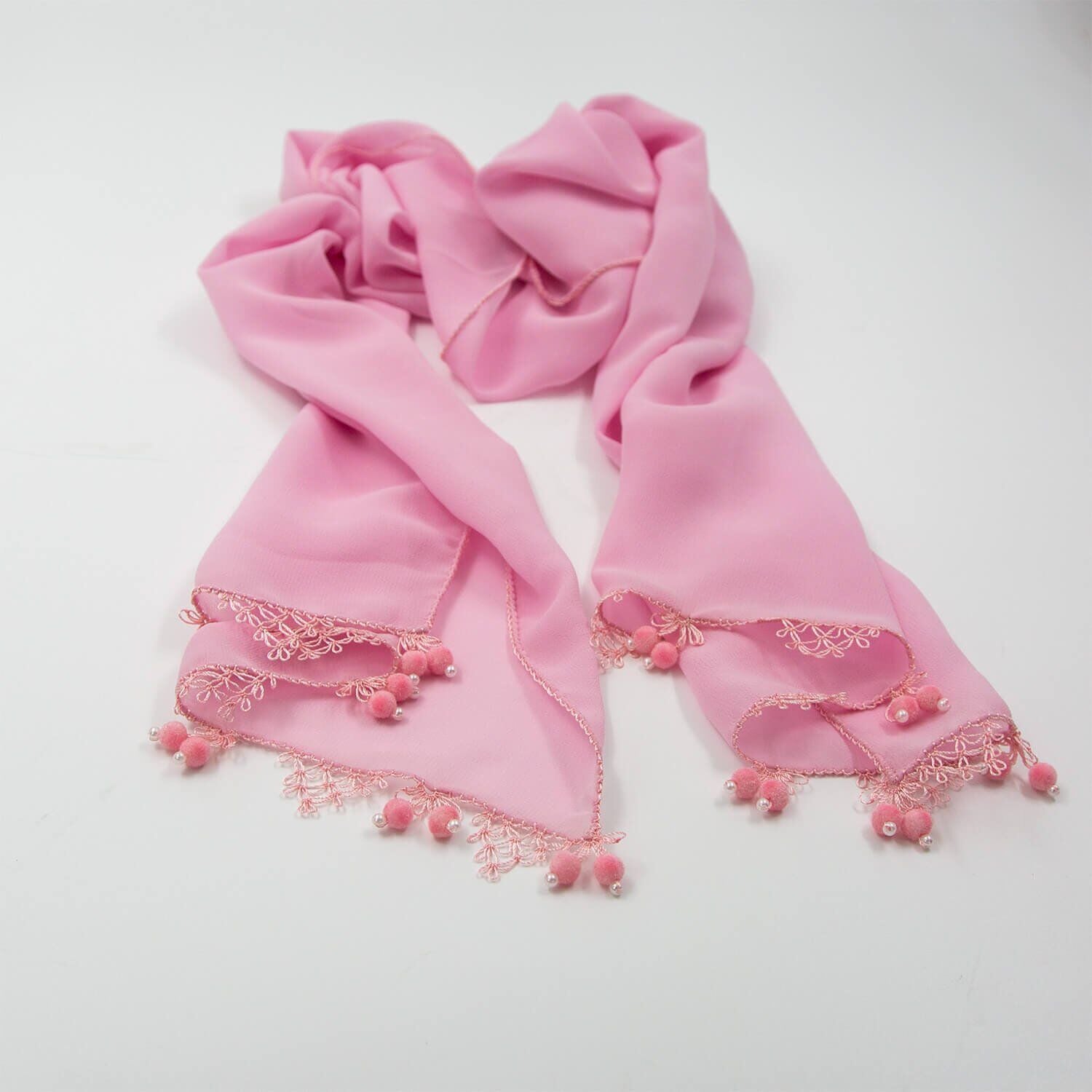 BONCUK İĞNE OYALI PEMBE DİKDÖRTGEN FULAR